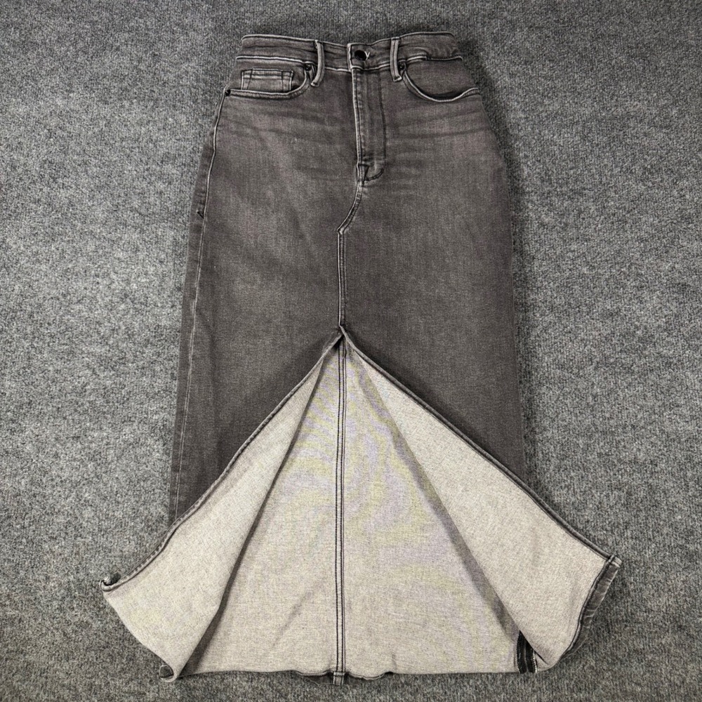Good American Slit Front Midi Skirt High Waisted Denim Washed Black Gray Sz 2 26